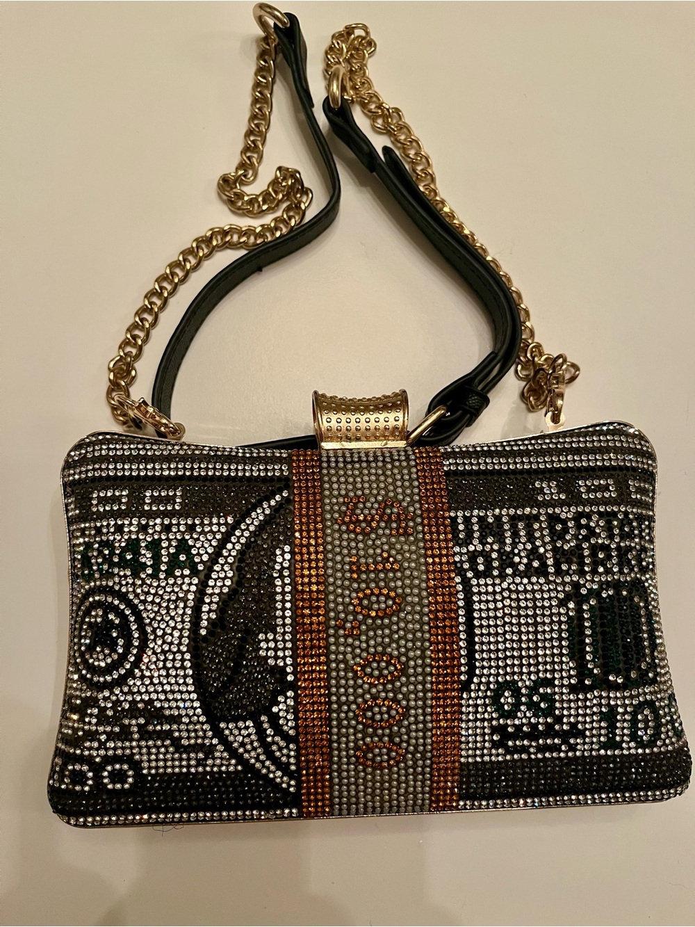 Rhinestone Embellished Money-Motif Crossbody Bag - Black & Gold - Picture 2 of 5